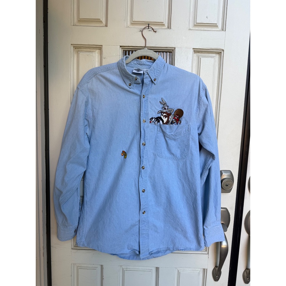 Vtg 90's Warner Bros Acme Clothing Bugs Bunny Embroidered Denim Shirt Size Small